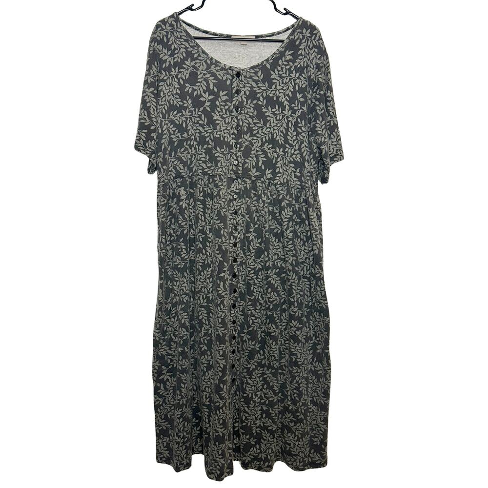 Woman Within 18-20 Grey Leaf Print Midi Knit Dress Plus Size Button Front